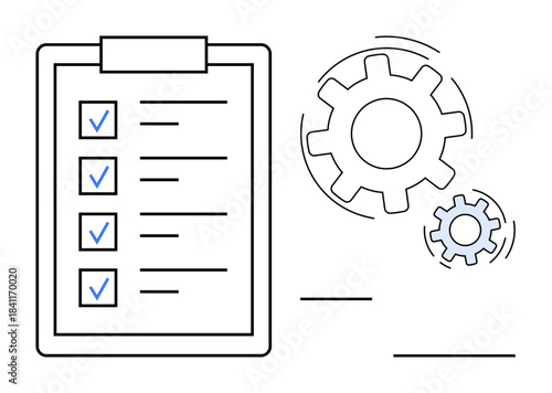 Workflow optimization, task tracking, project planning, automation systems, efficiency management, productivity tools. A checklist and two gears convey organization and automation. Workflow