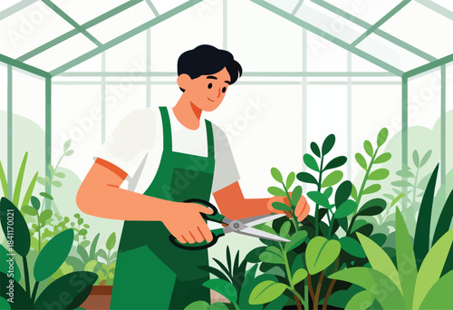 A person in a green apron shears plants in a glass greenhouse, with varied foliage