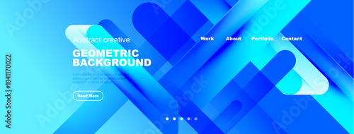 Blue abstract geometric background. Modern design features layered shapes, text elements, navigation options, plus subtle dots.