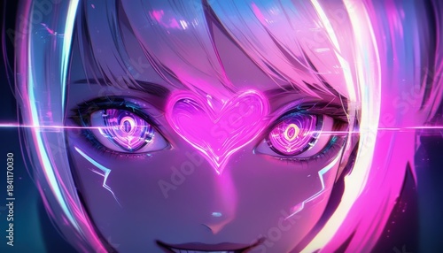 Intense Pink Neon Heart Eyes Cybernetic Love Portrait Close-up