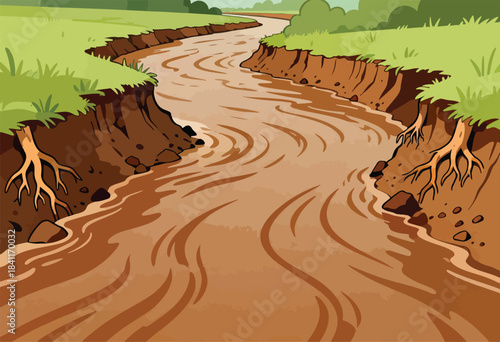 Cartoon illustration of a muddy river winding through a grassy landscape, with exposed roots and eroded banks