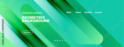 Modern website header design. Gradient colors, geometric shapes, navigation menu present. Includes read more button, simple text layout.