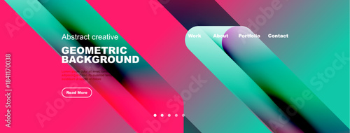 Bright abstract website header. Geometric shapes, vibrant colors, text overlays, navigation menu present. Modern design aesthetic.
