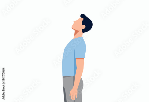 Vector illustration of a man looking upward. He's side-on, wearing a blue shirt and grey pants, facing blank space