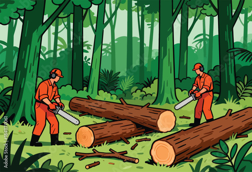 Two people in orange workwear use chainsaws to cut logs in a forest. Cut pieces and green scenery surround them