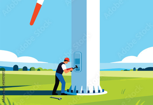 An engineer works on a wind turbine, using a hammer, in a green field with a blue sky