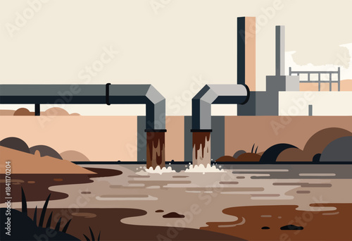 Illustration of factory pipes polluting a body of water with brown effluent. Minimalist graphic style