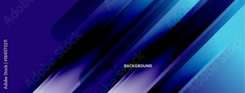 Abstract blue background features overlapping shapes, dynamic lines. Gradient colors create modern visual effect. Minimalist design.