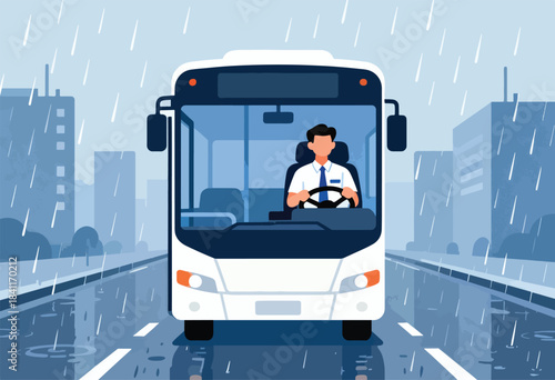 Illustration of a city bus driving in the rain with a driver. Rainy day in a city