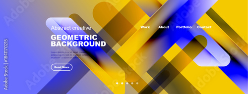 Abstract geometric background features vibrant blue, yellow hues. Navigation includes work, about, portfolio, contact options. Button invites further reading.