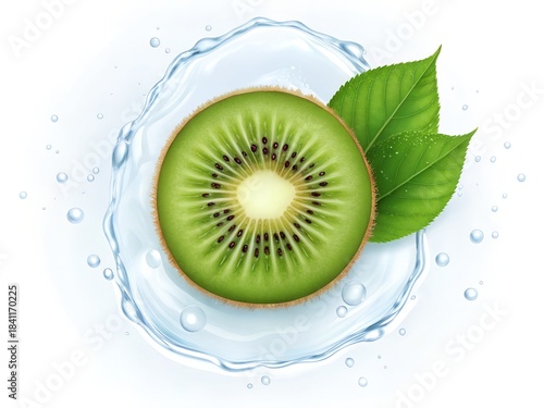 Fresh Kiwi Slice with Water Splash and Green Leaves Vector Illustration