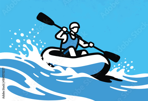 A minimalist illustration of a kayaker navigating rough waters, bold strokes over a blue background