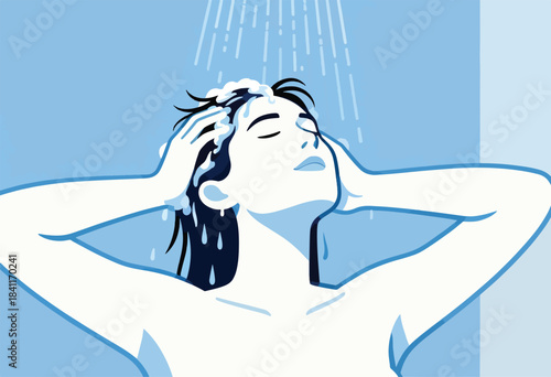 An illustrated woman is in a shower. The illustration uses blue tones, with her head and shoulders in focus
