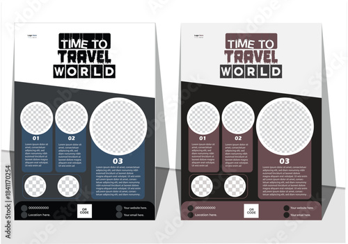Modern travel flyer template with photo placeholders and a QR code area.
Ideal for travel promotions and tour packages in two color styles.