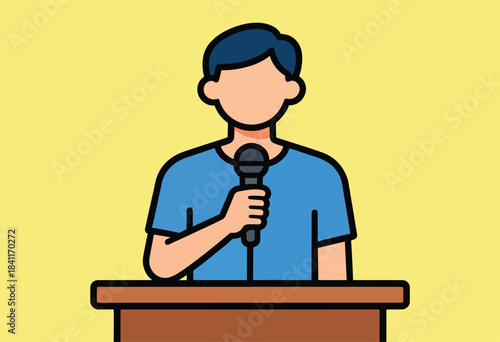 An illustrated person with blue hair and shirt, holding a microphone while standing behind a podium