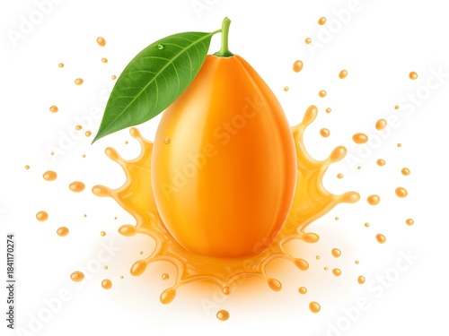 Fresh Orange Plum with Green Leaf and Juice Splash on White Background