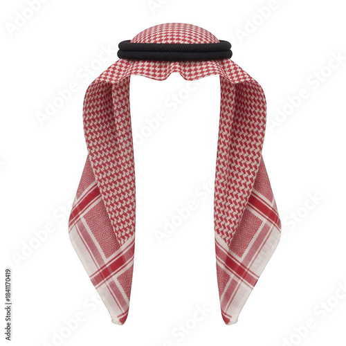 Red and white checkered keffiyeh headscarf with black agal band isolated on a transparent background