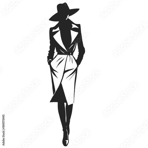 Silhouette of Woman in Trench Coat and Hat
