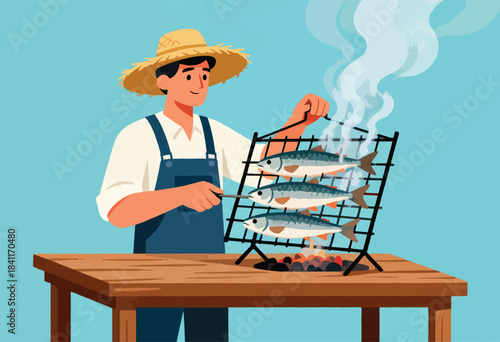 Illustration shows a man with a straw hat grilling fish over a fire on a wooden table. Smoke rises