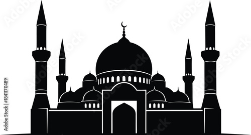 Detailed silhouette of a classic mosque with minarets and central dome