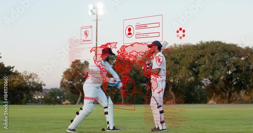 Two cricketers training on field left player adjusting gloves then swinging as red overlay pulsing