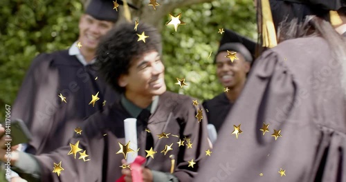 Grad lead raising phone for selfie, grads posing, showing diploma, celebrating, gold stars drifting