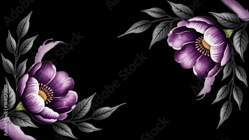Purple Blossom Floral Corner | Elegant Botanical Flowers on Black Background.