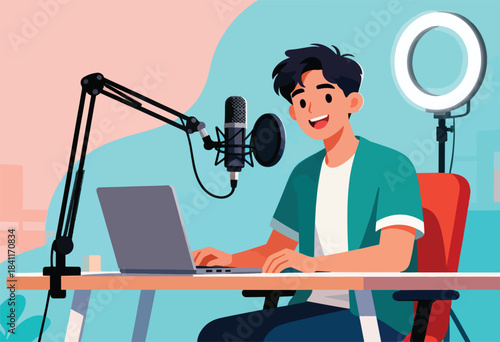 Smiling person at a desk with microphone, laptop, and ring light, recording or broadcasting