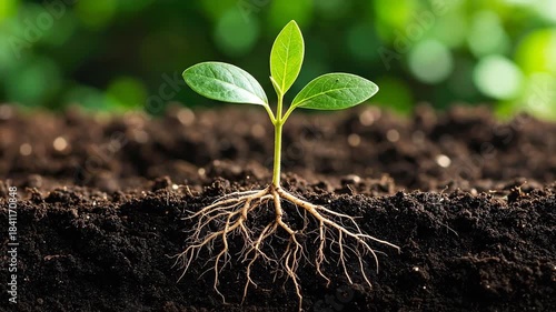 Young Plant Growing in Soil, Showing Roots and Leaves
