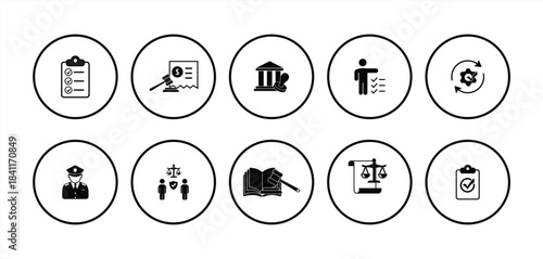 Regulation icon collection. Containing rules, authority, conduct, law, guideline, penalty, government, ethics, compliance and procedure icons. Vector illustration.