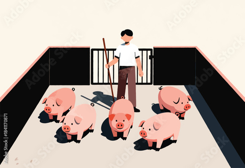Illustration of a person with a stick herding five pink pigs in a pen. Stylized, flat design
