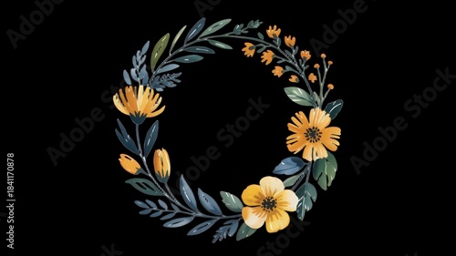 Floral Wreath Illustration | Yellow Daisy & Green Leaves Botanical Circle.