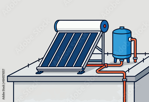 Illustration of a solar thermal water heating system with a collector, tank, and piping on a roof