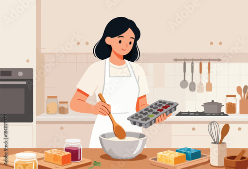 An illustration shows a woman in a kitchen mixing ingredients, holding a tray with colorful substances