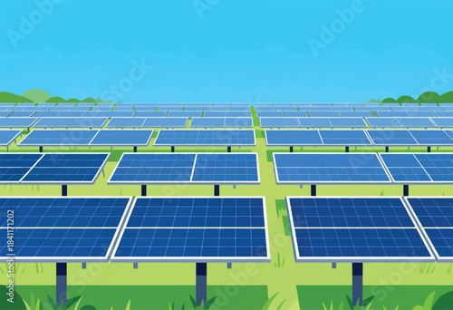 A field of solar panels is depicted under a bright blue sky, with green hills in the distance
