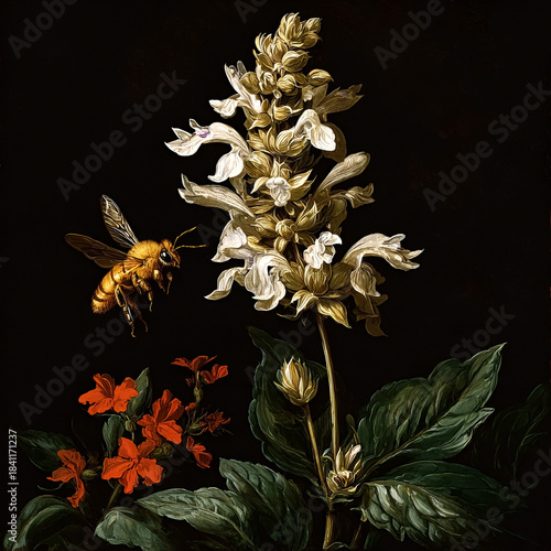 Botanical illustration with bee pollinating white and red wildflowers
