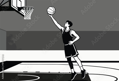 A monochrome illustration of a basketball player mid-air, shooting the ball toward the hoop. The background is simple
