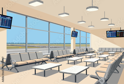 A stylized airport terminal interior with seating, tables, and flight information displays. Large windows overlook a runway