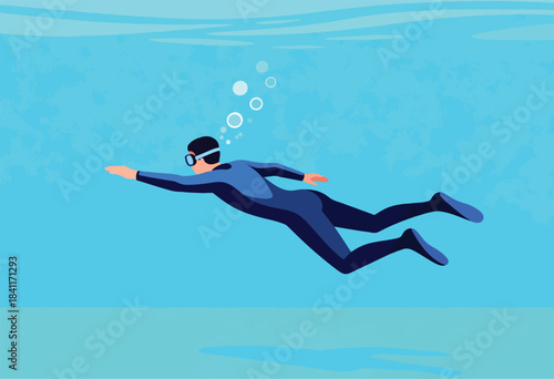 A person in a blue wetsuit swims underwater. Bubbles rise from their mouth, simple illustration