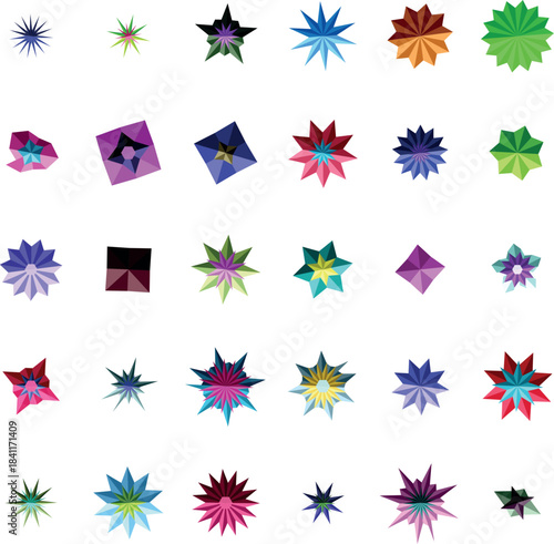 A captivating display of multicolored geometric stars and angular shapes against a clean white backdrop