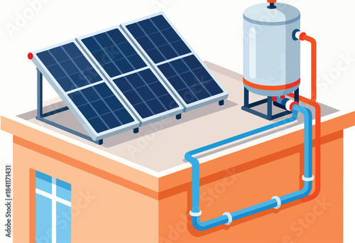 Isometric illustration shows solar panels, water tank, & piping on a building's roof, representing renewable energy