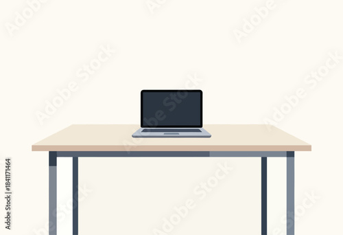 A minimalist illustration of a laptop on a desk. The desk is plain, with simple legs and a blank screen