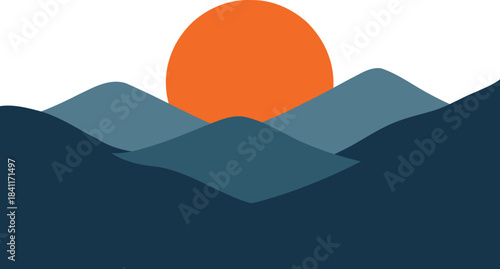 Stylized abstract landscape with a large orange sun rising or setting behind layered blue and grey mountains and hills