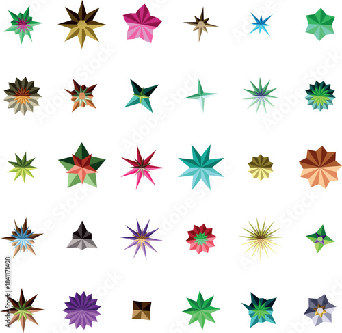A collection of colorful multifaceted star shapes displayed in a grid on a bright white background