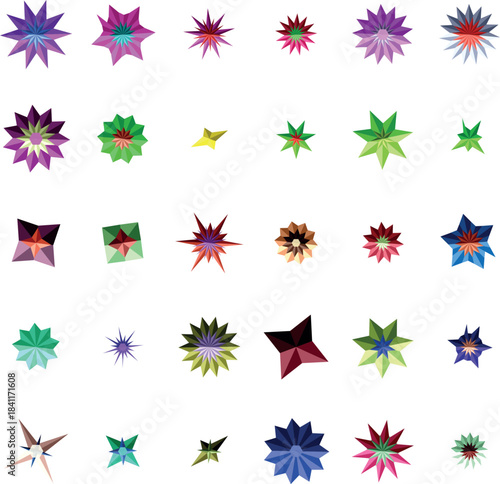 A colorful grid of star like low poly shapes displays various bright hues on a pristine white surface