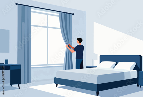 A person opens curtains in a blue-toned bedroom, revealing a bright window, bed, and minimalist furniture