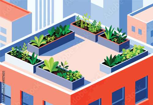 Illustration of a rooftop garden on an urban building with various plants in containers, a design concept