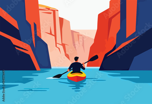 Stylized illustration of a person kayaking through a canyon, with vibrant blue water and orange/blue rock formations