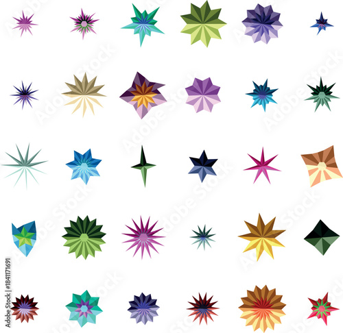 A delightful collection of varied geometric stars showcasing an impressive range of colorful designs on a white surface
