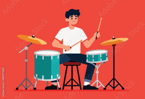 A musician plays drums with sticks, amidst cymbals and a drum set. Simplistic, graphic design on red backdrop